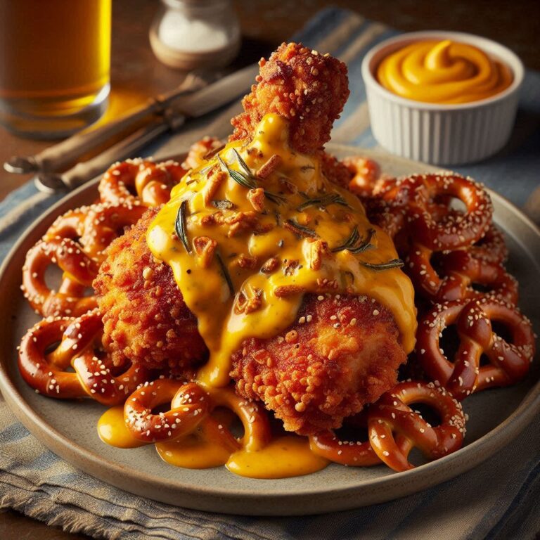 Pretzel-Crusted Chicken With Mustard Cheddar Sauce