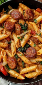 Delicious Cajun Sausage Pasta dish with vibrant spices and ingredients.