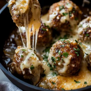Cheesy French onion meatballs topped with melted cheese and garnished with herbs