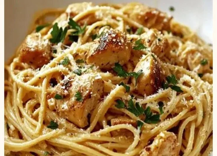 Creamy Garlic Cowboy Butter Chicken Linguine served in a bowl