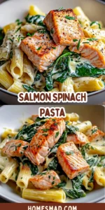 Creamy spinach and salmon pasta dish garnished with herbs
