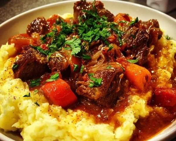 Bowl of fall apple cider beef stew with fresh herbs and vegetables