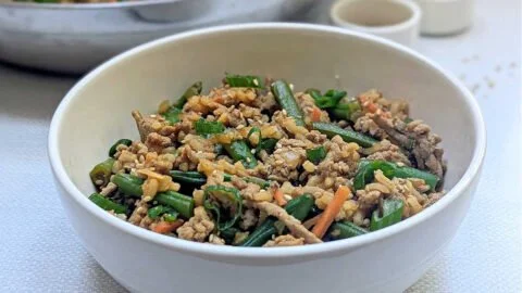 Delicious Gochujang Ground Turkey skillet with rice and green beans