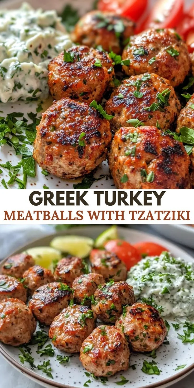 Plate of Greek turkey meatballs served with tzatziki sauce.
