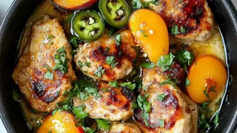 Grilled Jalapeno Peach Chicken garnished with fresh herbs and spices.