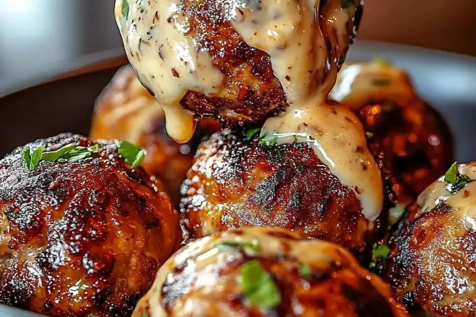 Korean BBQ meatballs served with spicy mayo dip on a garnished plate.