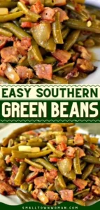 Southern style green beans cooked with fresh ingredients for Thanksgiving side dish