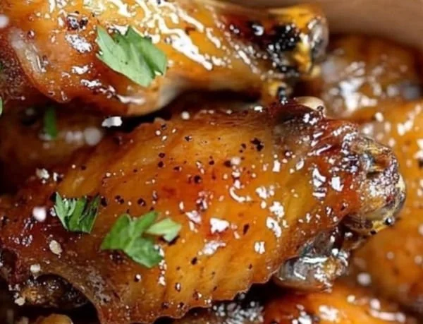 Delicious lemon pepper wings drizzled with honey, perfect for a flavorful snack.