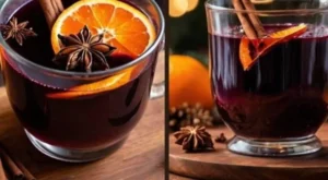 A steaming cup of mulled wine with spices and orange slices, perfect for winter.