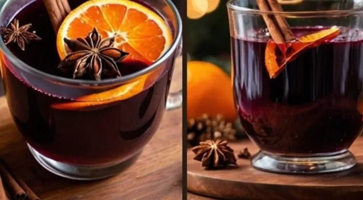 A steaming cup of mulled wine with spices and orange slices, perfect for winter.
