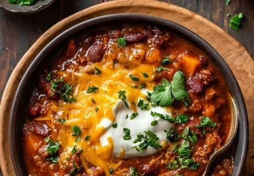 Bowl of hearty Pumpkin Chili topped with fresh herbs and spices