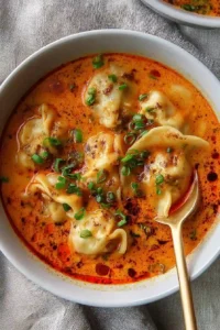 Quick Coconut Curry Soup with dumplings served in a bowl