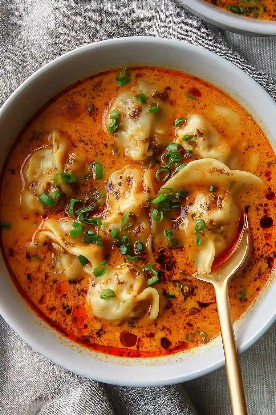 Quick Coconut Curry Soup with dumplings served in a bowl