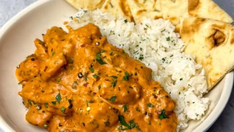Quick and easy homemade butter chicken served with rice.
