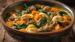 Bowl of Sausage Tortellini Soup with Spinach garnished with fresh herbs