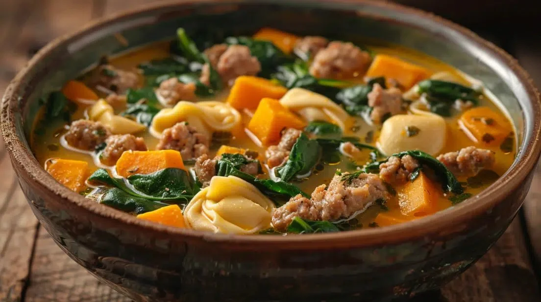 Bowl of Sausage Tortellini Soup with Spinach garnished with fresh herbs