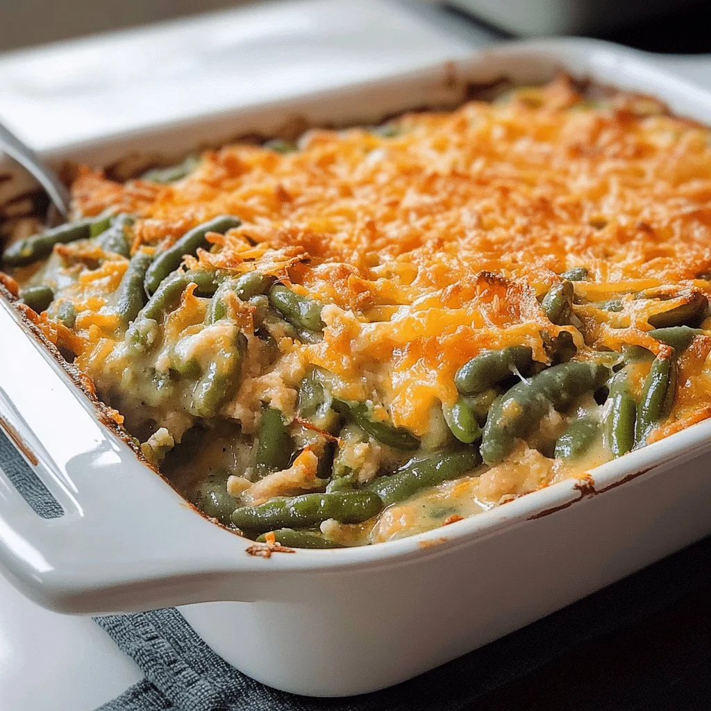 Southern Green Bean Casserole served in a baking dish with crispy toppings