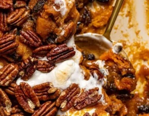 Southern Maple Sweet Potato Casserole topped with crispy pecans and marshmallows