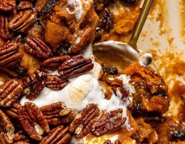 Southern Maple Sweet Potato Casserole topped with crispy pecans and marshmallows