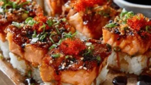 Delicious spicy salmon sushi bake dish ready to serve