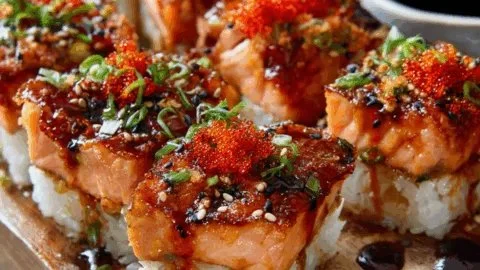 Delicious spicy salmon sushi bake dish ready to serve