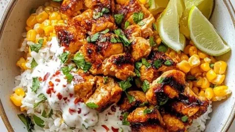 Street Corn Chicken Rice Bowl with grilled chicken, corn, and rice