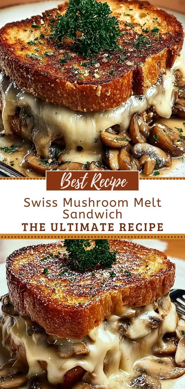 Delicious Swiss Mushroom Melt sandwich with melted cheese and sautéed mushrooms