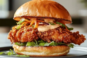 Delicious Thai fried chicken sandwich with spicy toppings and fresh herbs