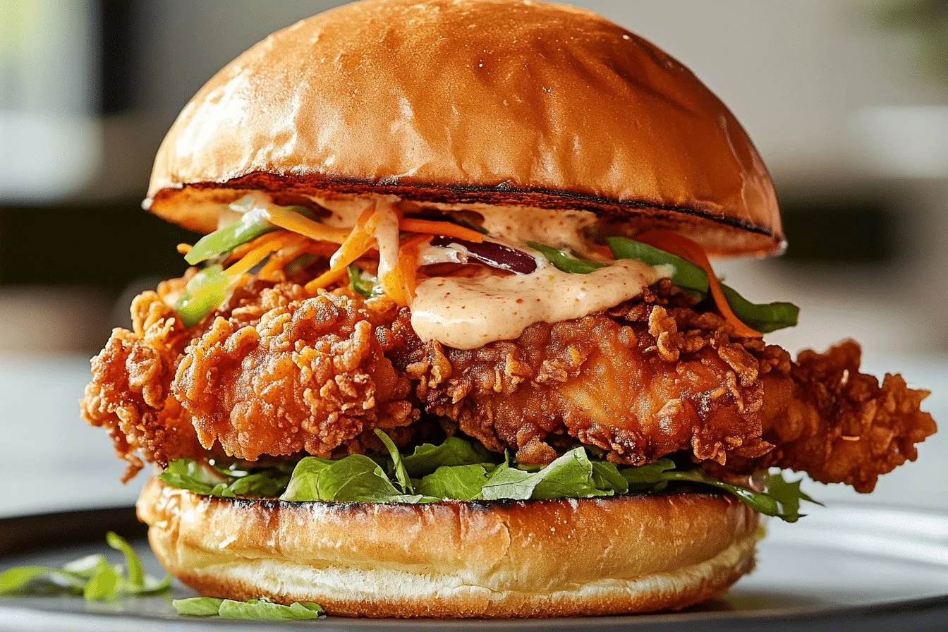 Delicious Thai fried chicken sandwich with spicy toppings and fresh herbs